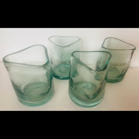 Handblown Bubble Thick Tri-Angle Shaped Drinking Glasses Set Of 4 - Picture 2 of 6